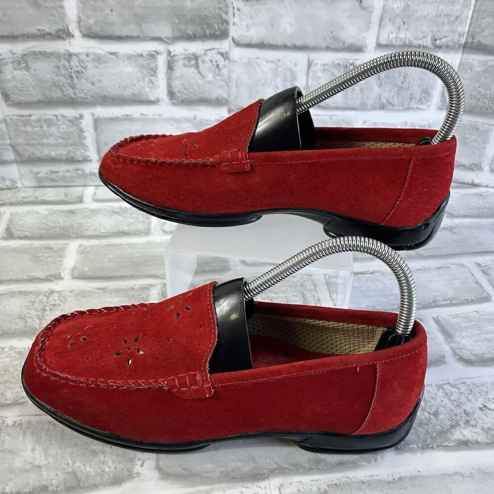 Valley Lane Women's Size 7 Red Suede Leather Perforated Moccasin Loafers Vintage